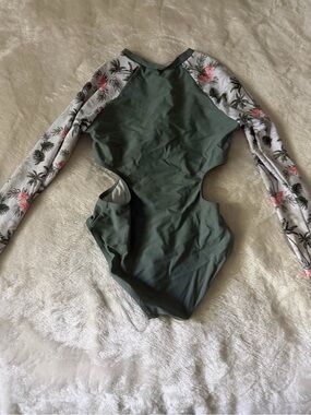 Girls Olive Green Long-Sleeve One-Piece Swimsuit with Floral Sleeves